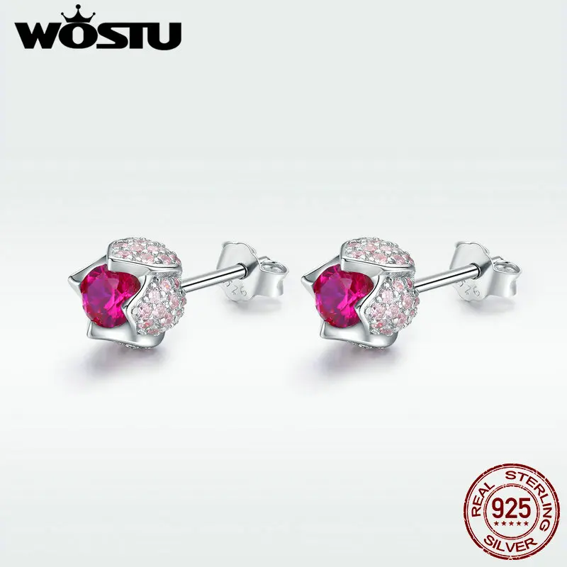 

WOSTU 100% 925 Sterling Silver Red Tulip Flower Stud Earrings Tiny Zircon Silver Earrings For Women Engagement Jewelry DAE042