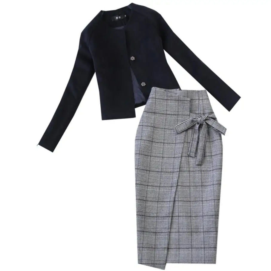 

2019 autumn winter new short woolen jacket women +high waist pencil plaid wool skirt two piece sets