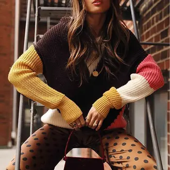 

2019 Winter Fashion Sweater Thick Knitted Women Patchwork Long Sleeve Sweaters Pullover O Neck Warm Autumn Pull Femme Jumper