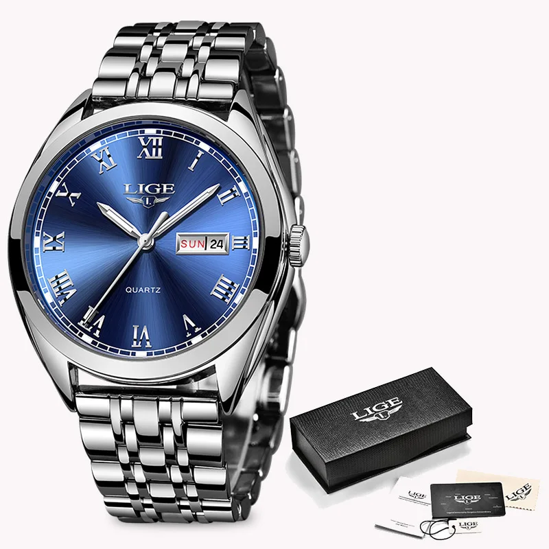 LIGE розовое золото женские деловые кварцевые часы женские топ брендовые Роскошные женские наручные часы девушка часы Relogio Feminin+ коробка - Цвет: Silver blue