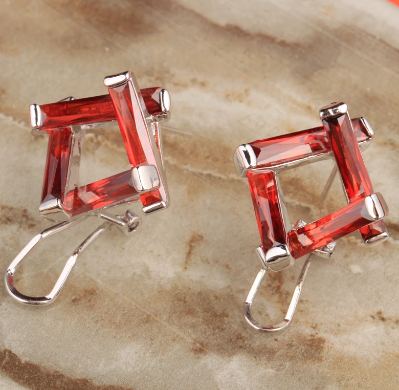 Восхитительный объемные квадратный красный гранат Модные украшения для женщин 925 стерлингового серебра шпильки Серьги S5509