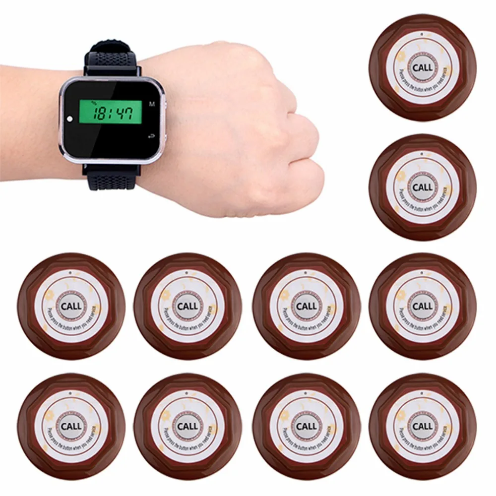 

433.92MHz 1pcs Watch Wrist Receiver+10pcs Waterproof Call Transmitter Button Wireless Restaurant Calling System Customer Service