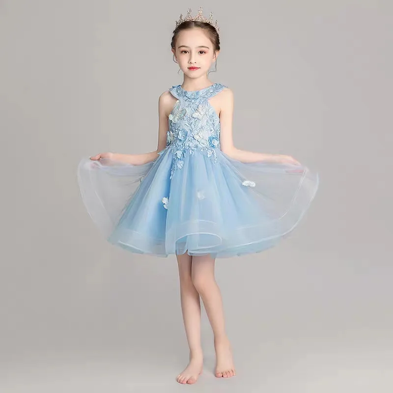 Summer Elegant Children Girls Luxury Pink White Appliques Birthday Evening Party Princess Mesh Dress Baby Kids Costumes Dress - Цвет: blue short dress