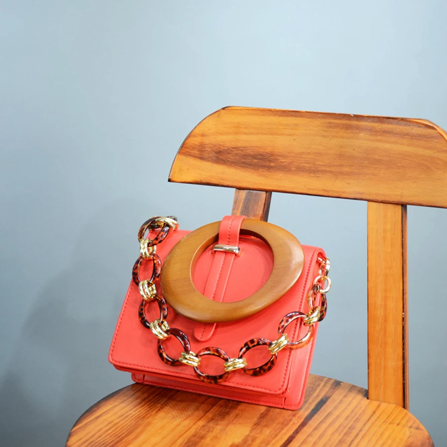 

Luxury Designer Leather Handbags Women Acrylic Chains Shoulder Bags Women Wood Wrist Handbags PU Ladies Hand Messenger Bags 2019