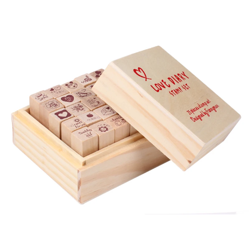 

Cute Design 25pcs Love Diary Rubber Wooden Stamp Set DIY with Wooden Box DA
