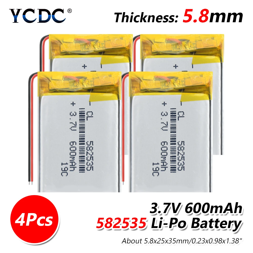 3,7 V 600mAh литий-ионный аккумулятор 582535 1/2/4 шт. перезаряжаемые литий-полимерные батареи для MP3 MP4 MP5 BLUETOOTH гарнитура gps - Цвет: 4 PCS