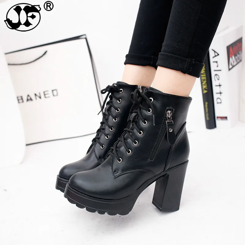 

Fashion Black red grey Martin Boots Women Spring Autumn Lace-up Soft Leather Platform Shoes Woman Party Ankle Boots High Heels g