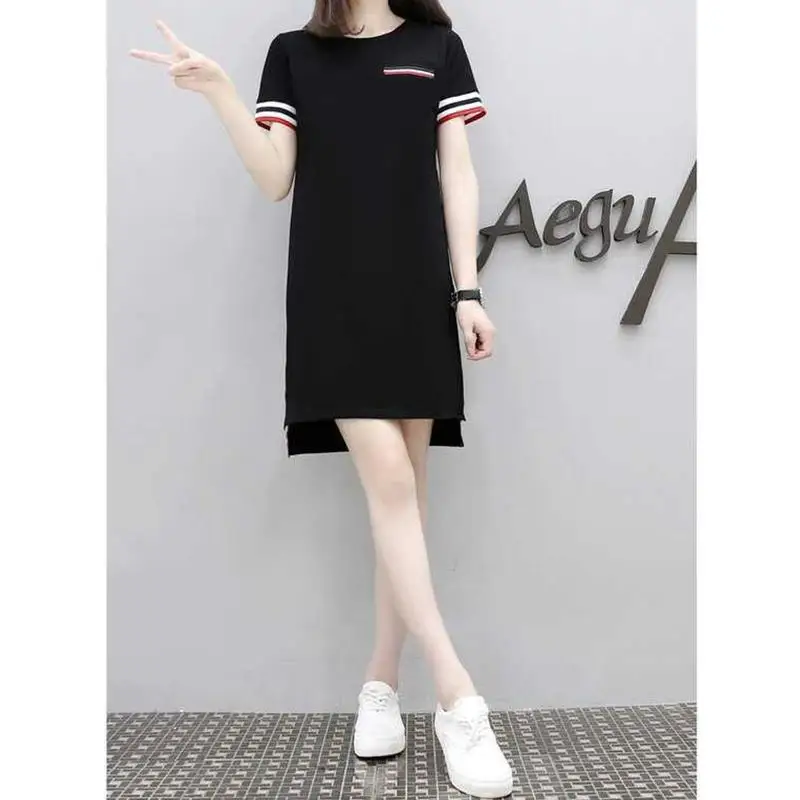 

Ladies Summer Casual Dress Women Loose Round Collar T-Shirt Dress Femme Sport Dresses Mini Black Dresses