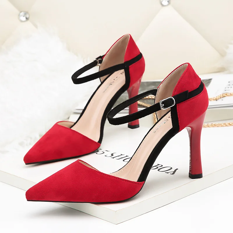 

3919-1 Korean version of fashion pointy suede high heels nightclub sexy women's singles shoes one word with fine heel shoes