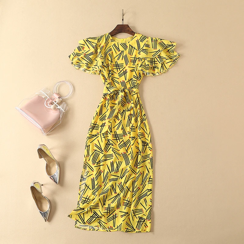 HIGH QUALITY Newest Fashion 2020 Designer Runway Dress Women's Butterfly Sleeve Mid-calf | Женская одежда