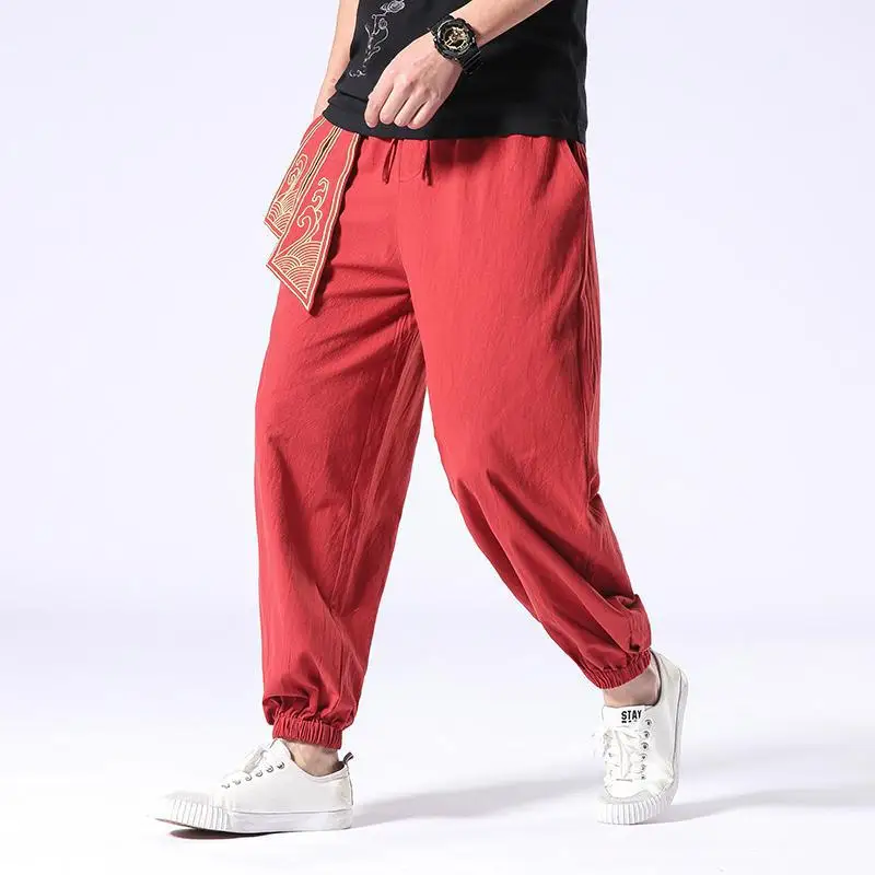 5XL 4XL Плюс Размер мужские шаровары традиционная китайская одежда для мужчин эластичная талия обычный цвет с манжетами льняные брюки лето