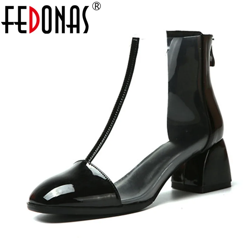 

FEDONAS Fashion Women High Heeled Pumps Sexy Patent Leather + PVC Summer Shoes Zipper Brand Design Round Toe Street Fashion Pump