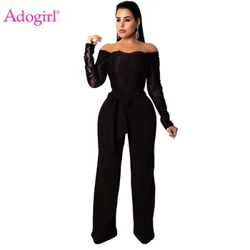 

Adogirl Women Sexy Lace Bodice Loose Jumpsuit Slash Neck Off Shoulder Long Sleeve Romper with Belt Wide Leg Pants Overalls