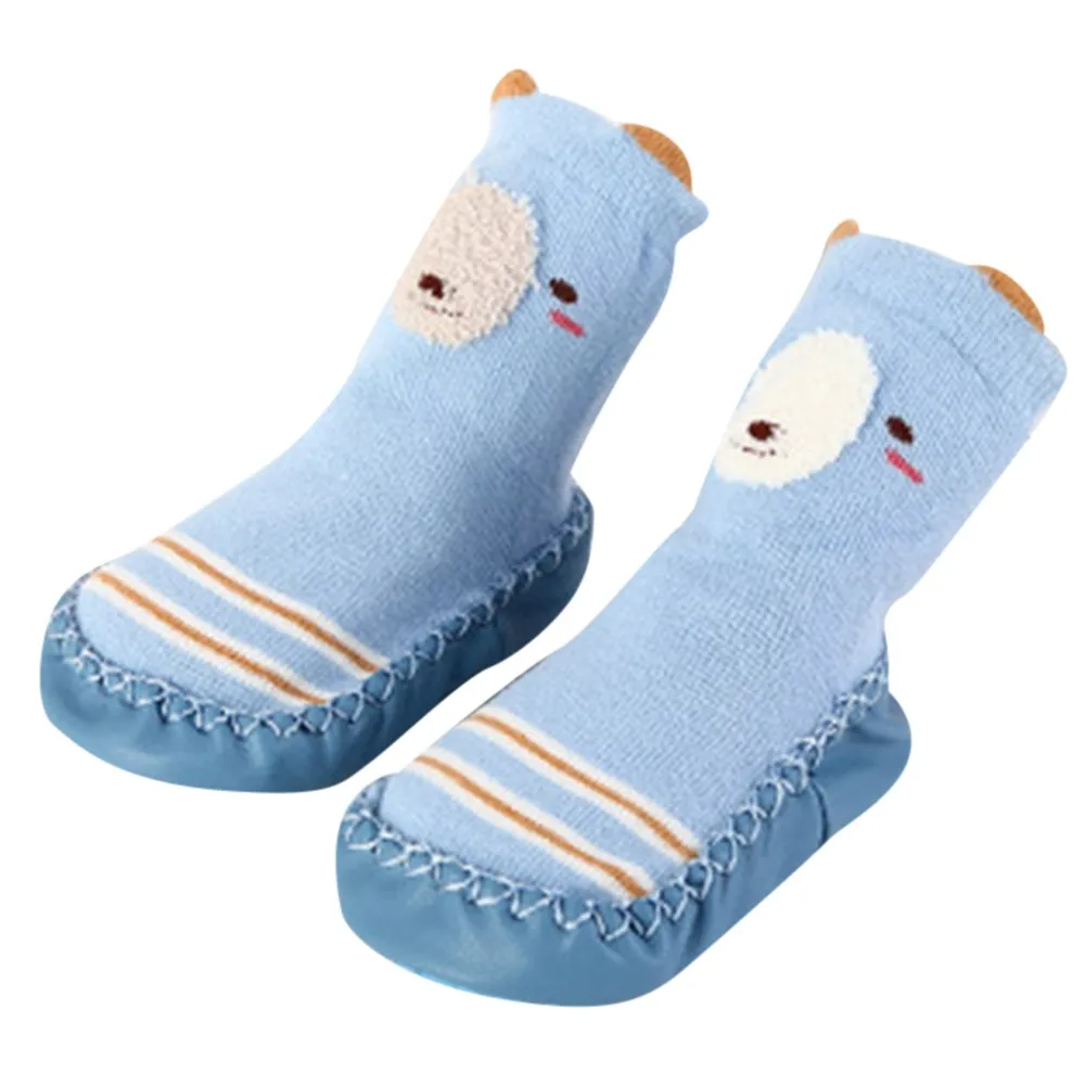 Зимние детские носки для малышей, носки для мальчиков и девочек, Длинные хлопковые толстые теплые нескользящие носки с милыми мультяшными животными, тапочки Calcetines Bebe - Цвет: Blue