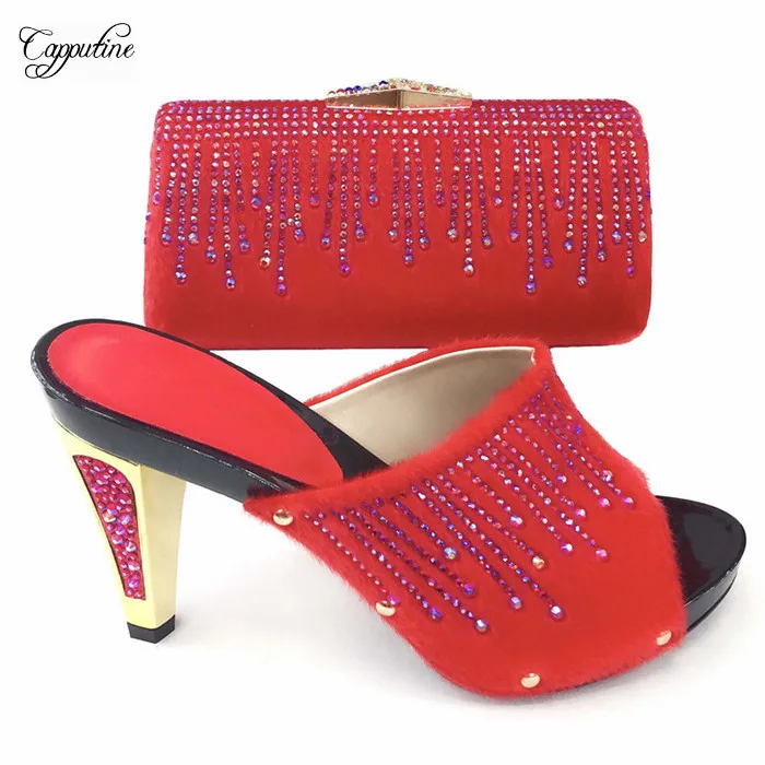 

Hot sale red African high heel shoes and evening handbag set with rhinesotnes for wedding/party T2083-3 ,heel height 12cm