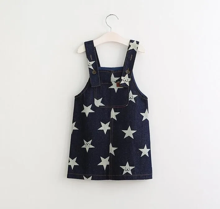 Y61218342 Retail 2017 Summer Girls Dresses Denim Suspender Print Stars Girl Overall Lolita Cute Kids Clothes