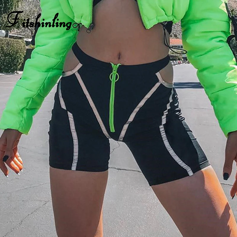 

Fitshinling Reflective Striped Biker Shorts Women Athleisure Fitness Bandage Slim Black Short Female Cut Out Sexy Bottoms Wear