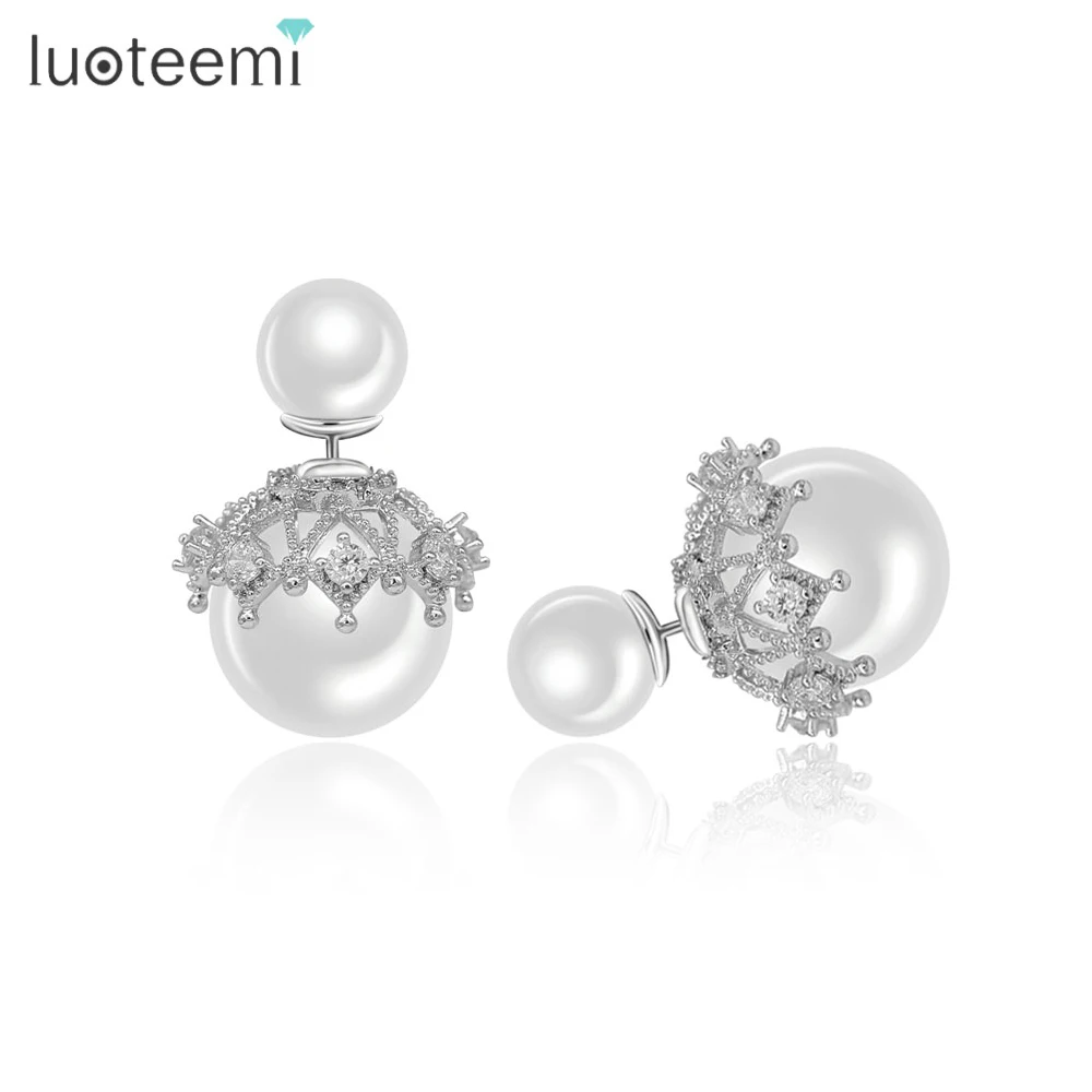 LUOTEEMI, высокое качество, белое золото, с имитацией жемчуга, Двухсторонние серьги-гвоздики для женщин, свадебные ювелирные изделия