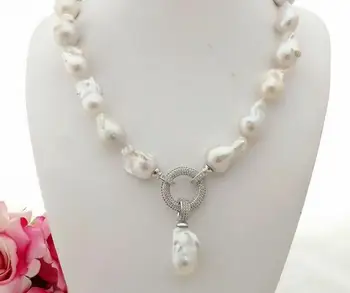 

Beautiful 18" 12-17mm White Keshi Pearl Necklace CZ Pendant