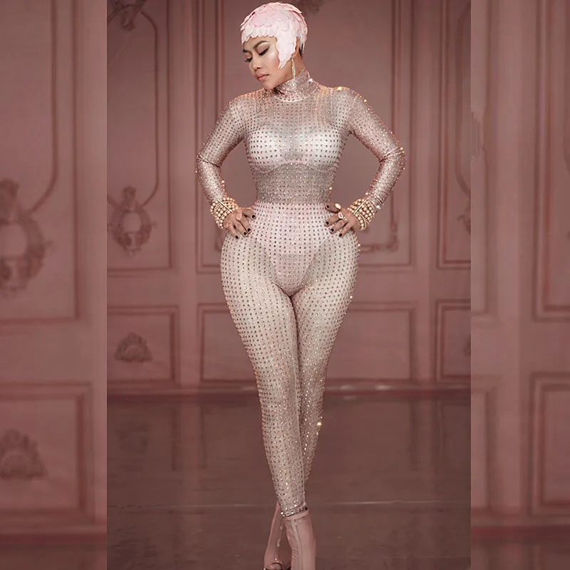 

Pink Rhinestones Nude Jumpsuit Sexy Performance Bodysuit Bra Short Pattern Rompers Stage Wear Birthday Celebrate Stretch Outfit