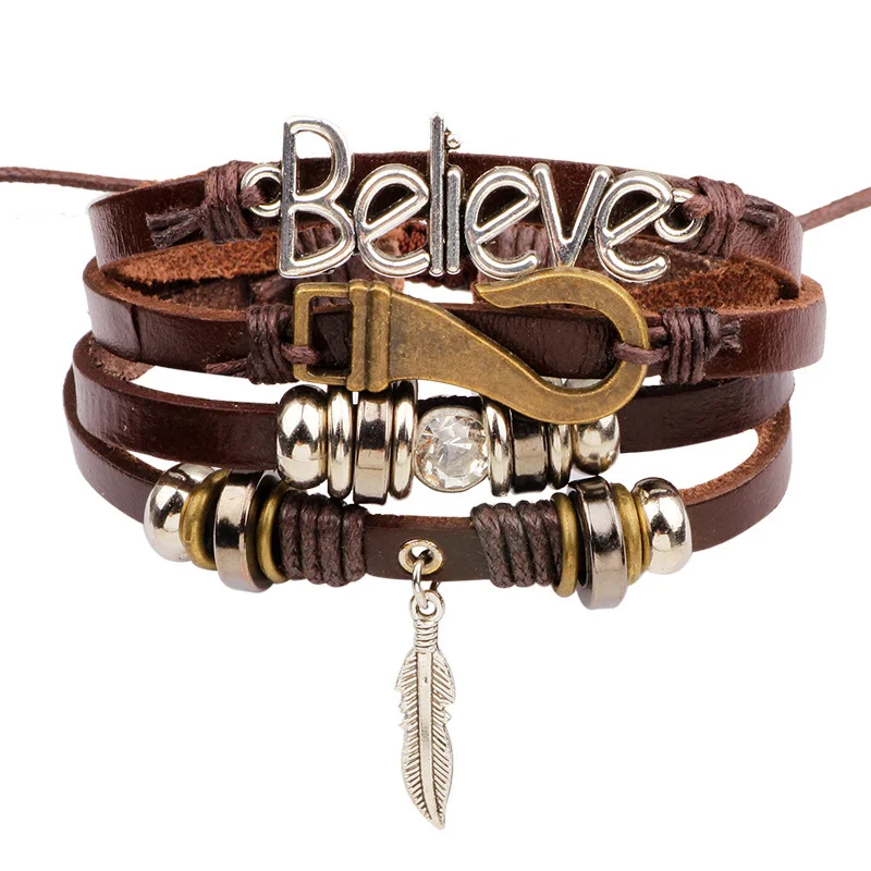 NIUYITID Handmade Feather Leaf Men's Bracelets For Men Multilayer Leather Accessories Male Braclet Friendship Jewelry  (13)