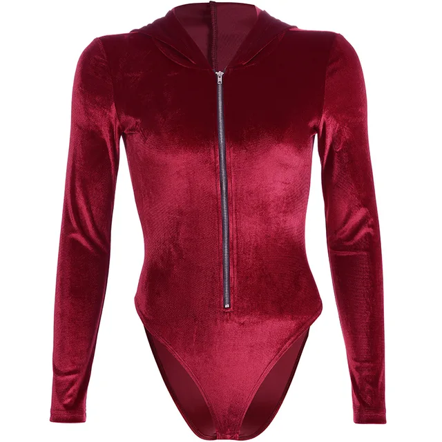 Fashion Sexy Bodysuits Vintage Skinny Burgundy Gold Velvet Zipper