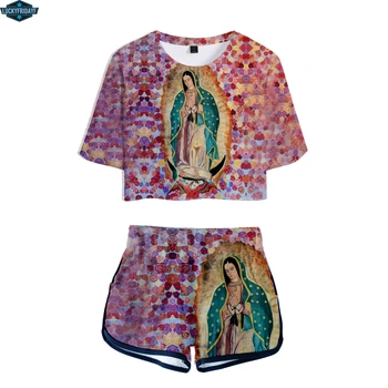 

Our Lady of Guadalupe Two-piece 2018 Summer Print T-shirt Cool Hot Games Fashion Ladies Sexy Nude Short-sleeved+Shorts Set