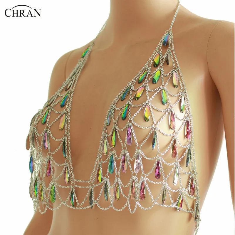 Chran Sexy Mesh Chain Bralette Harness Rainbow Sequin Silver Body Chain Jewelry