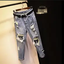 Летние новые свободные джинсы больших размеров женские толстые мм тонкие 200 кг девять штанов отверстие tide XL-5XL