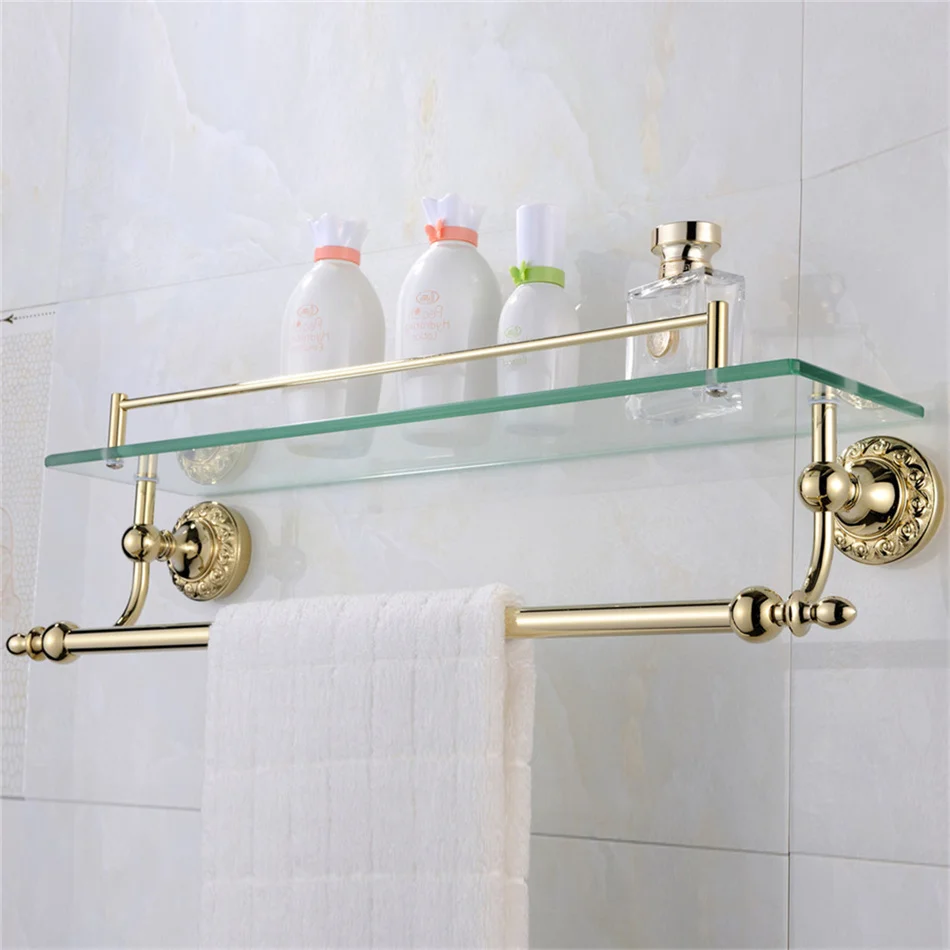 Leyden Роскошные цельные латунные полки для ванной комнаты со стеклянной полкой для полотенец Настенный Органайзер для душа Золотой аксессуар для ванной комнаты