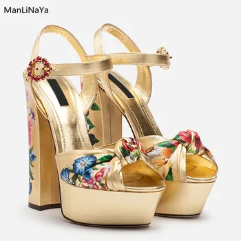 

Super High Heel Peep Toe Women Sandals Print Flowers Runway Women Shoes Gold Platform Floral Butterfly-knot Women High Heels