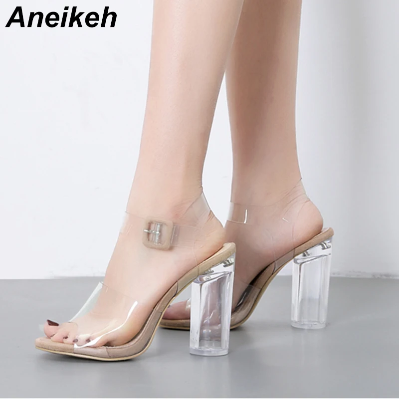 

Aneikeh 2019 Fashion PVC Shoes Sandals Crystal Leopard Open Toed High Heels Women Transparent Heel Sandals Pumps 11CM Size 35-40
