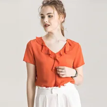 Женский летний топ из натурального шелка с коротким рукавом, шелк тутового цвета с оборками и v-образным вырезом, футболки M L XL