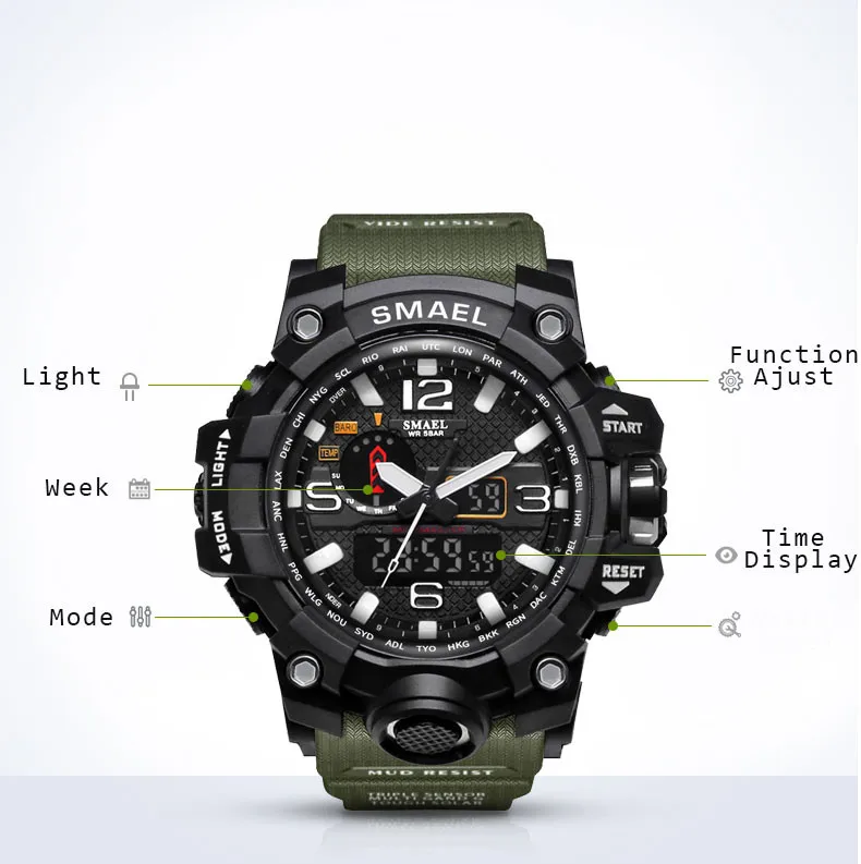 Высококачественные спортивные часы, повседневные мужские многофункциональные электронные цифровые часы с двойным циферблатом, водонепроницаемые 50 м