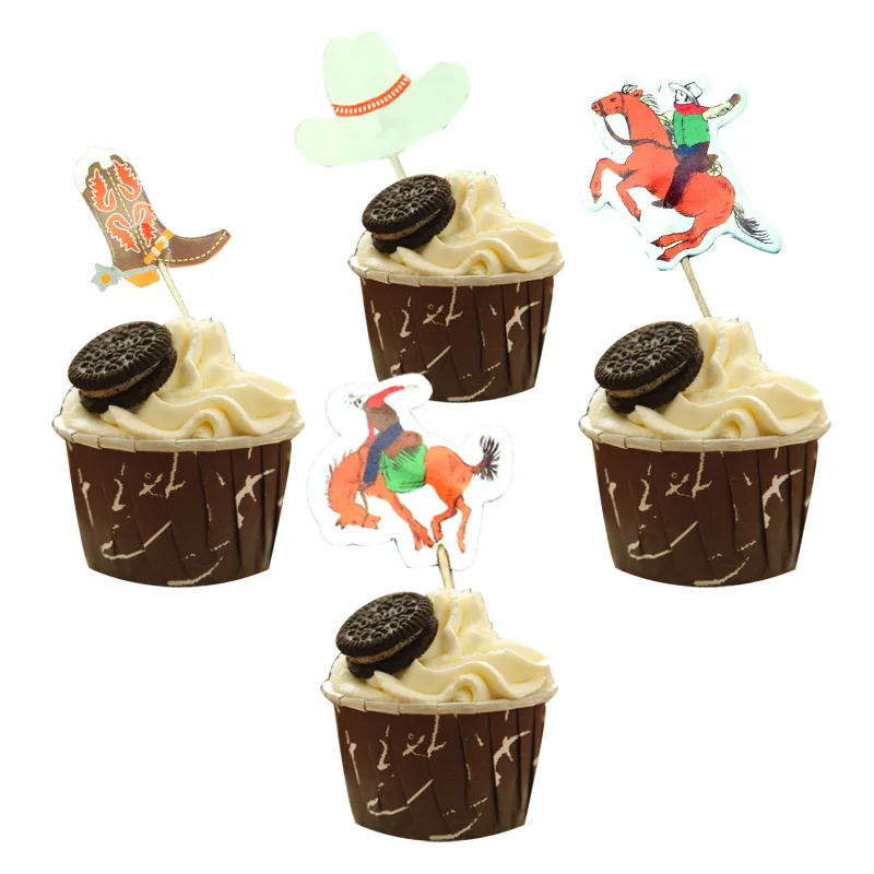 24pcs West Cowboy Cupcake Topper Cowboy Boots Hats Cake Flags