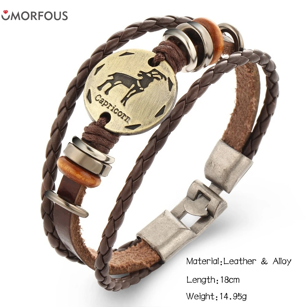 OMORFOUS Fashion Charm Jewelry Bronze Alloy 12 Zodiac Leather Bracelet Punk Wooden Beads For Women & Men Multilayer Easy Buckles