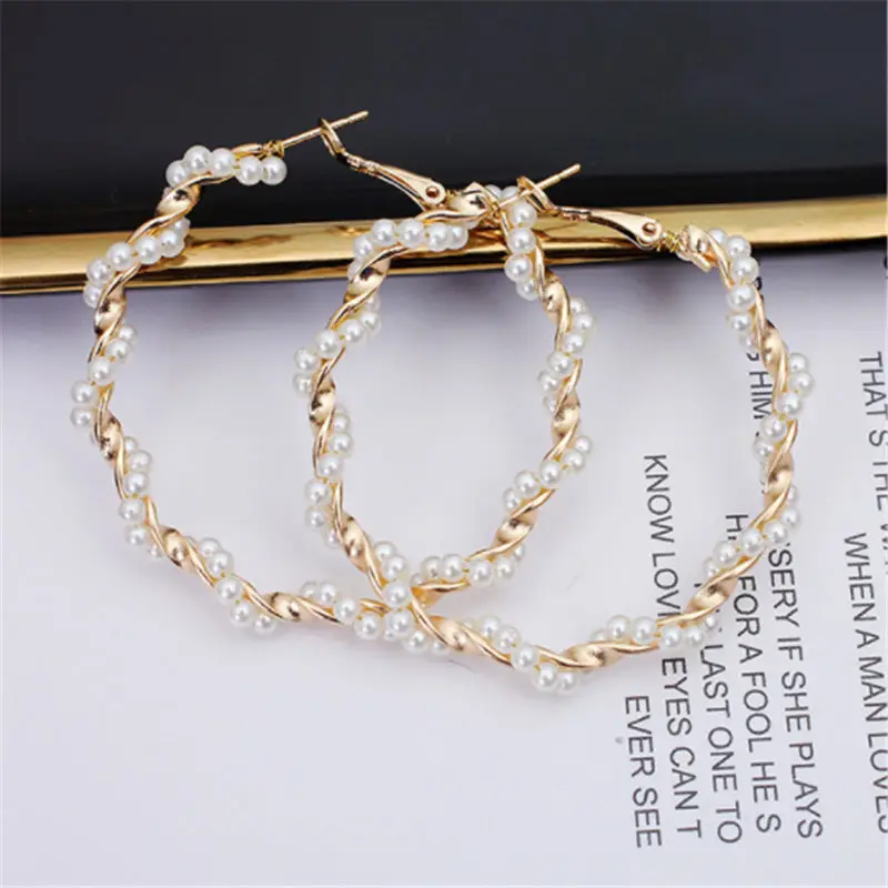 E441 New Fashion Classic Metal Round Women Hoop Earrings Korean Personality Simple Circle Pearl Earrings For Female Jewerly