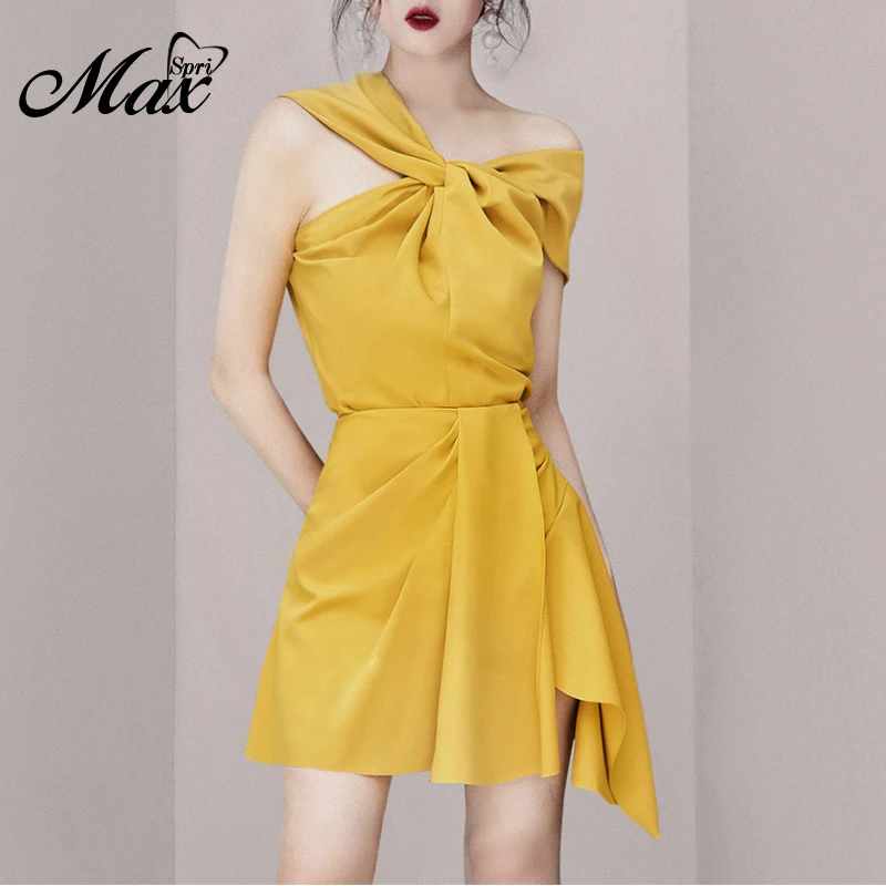 Max Spri New Fashion Asymmetrical Neckline Ruched Top Mini Wrap Skirt Office Lady 2 Pieces Sets Women Party Outfit Yellow