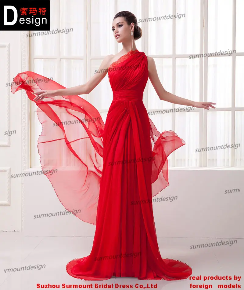 one shoulder red evening gown