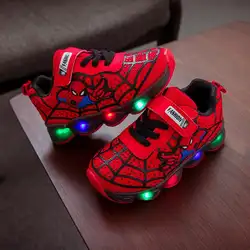 Человек-паук со светящимися вставками обувь для детей Для мальчиков и девочек дети света светящиеся Детские кроссовки сетки спортивные
