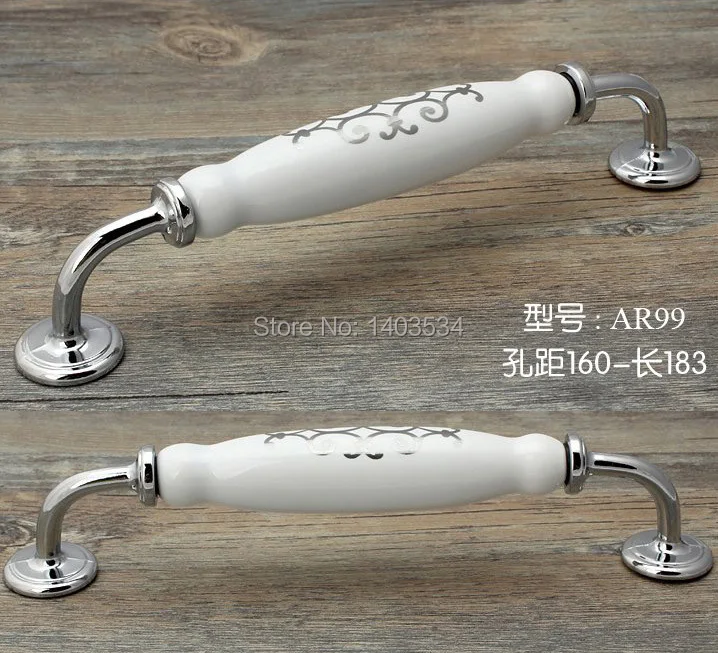 

Hole Pitch 160mm Zinc alloy kitchen cabinet handle white color with silver flower print porcelain drawer pulls