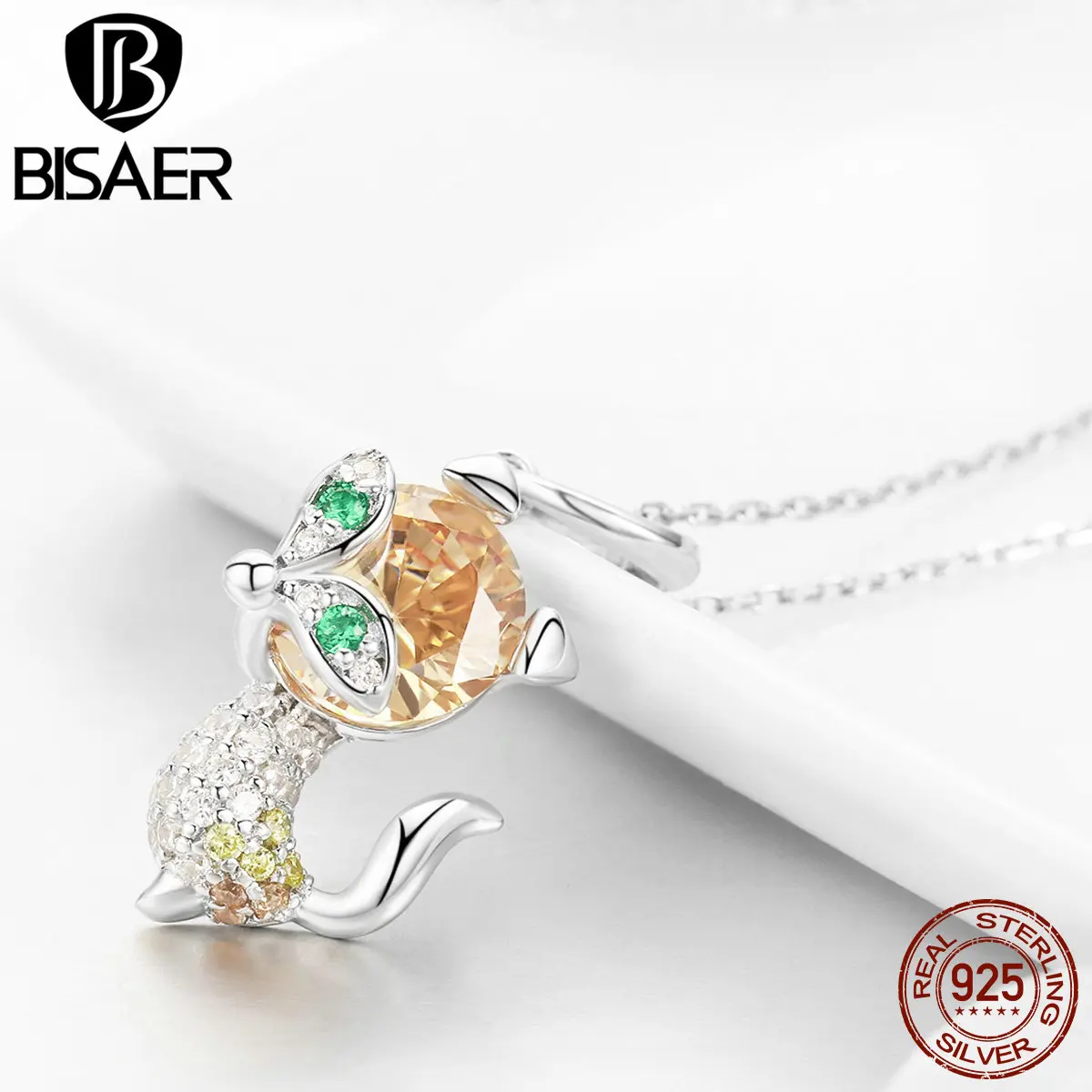 

BISAER Genuine 925 Sterling Silver Little Fox CZ Crystal Beads Charms Fit Charm Jewelry Making for Christmas Gift HSC1057