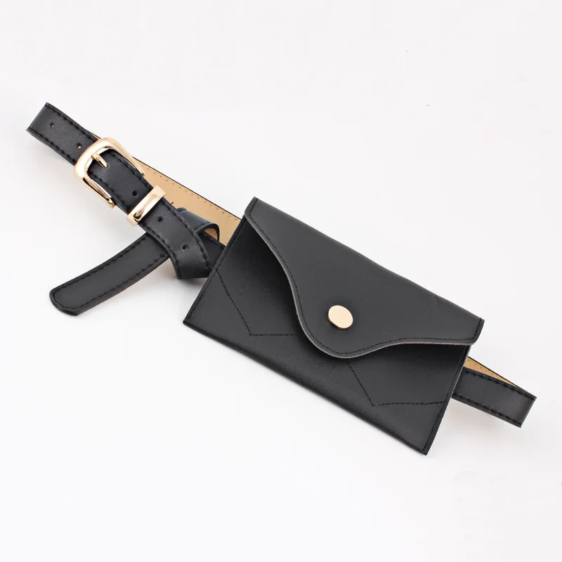 Fashion Women Fanny Pack Simple Vintage Mini Adjustable Phone Purse Key card Envelope bag high quality PU Leather Waist Bag - Цвет: black Gold buckle