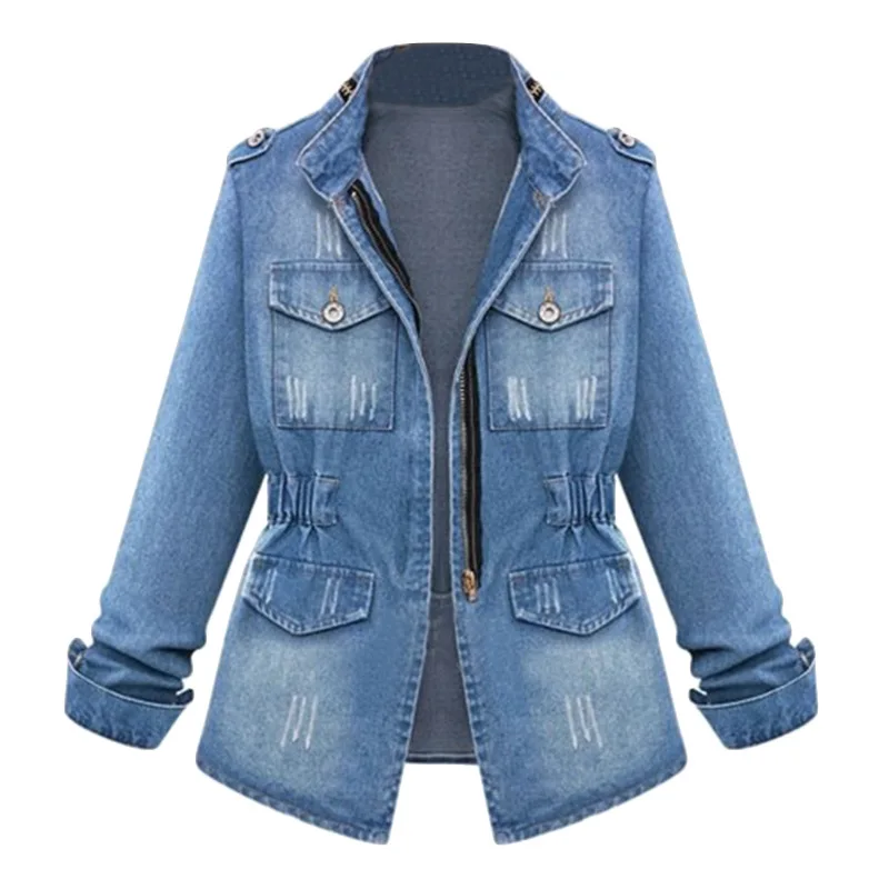 plus size new style denim woman coats autumn and spring long sleeve stand zipper slim pockets denim female coats