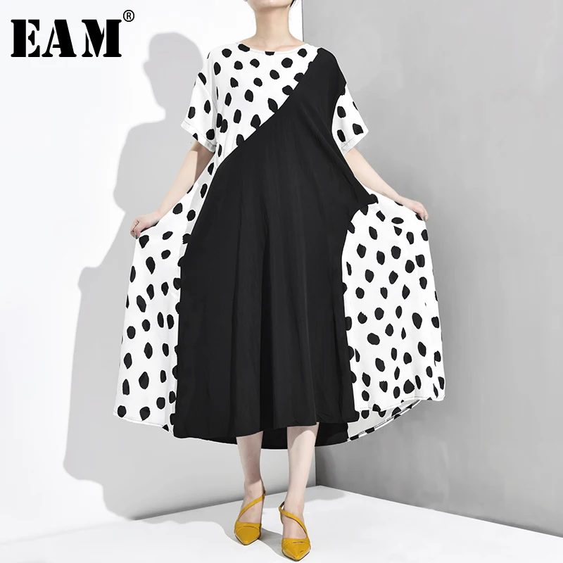 

[EAM] 2019 New Spring Summer Round Neck Short Sleeve Black Dot Printed Stitch Big Size Long Dress Women Fashion Tide JY262