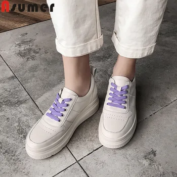 

ASUMER big size 34-40 fashion spring autumn shoes woman round toe lace up genuine leather shoes women increased internal shoes