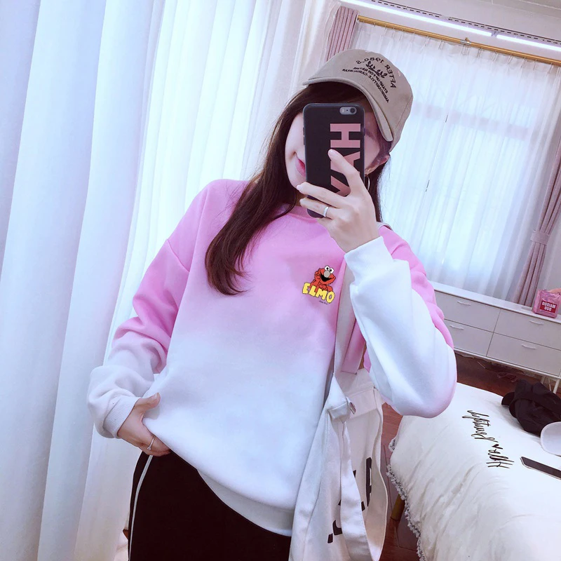 

Kawaii Sesame Street Hoodies Women Ulzzang Gradient Crew Neck Sweatshirt Elmo Printed Fashion Tracksuit Jumper JBWY-215