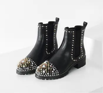 

Fashion Black Leather Womens Ankle Boots Shoes Round Toe Thick Rubber Sole Rivets Womens Chelsea Boots Studded Motorcycle Boot