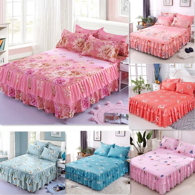 

3pcs Floral Bed Skirt Fitted Sheet Cover Graceful Bedspread Double Lace Bedding Set Home Textile Non-slip Cover + Pillowcase