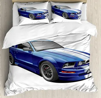 

Teen Room Decor Duvet Cover Set American Auto Racing Car Sports Competition Speed Winner Boys Kids Graphic 4 Piece Bedding Set